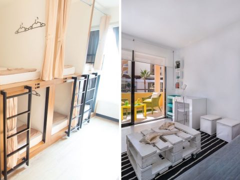 Image of hostels with bunkbeds on left and bedroom in an airbnb on right_Hostel Vs. Airbnb